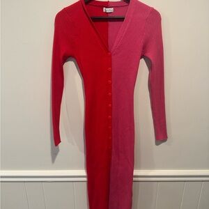 Red and Pink Ribbed Long Cardigan Dress